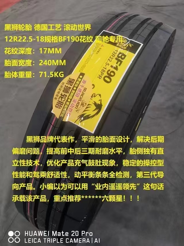 黑狮轮胎12R22.5(190A)高端耐磨高速节油半挂九米六专用