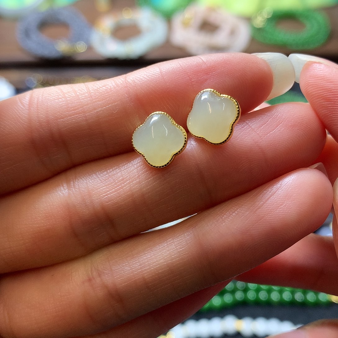 和田玉耳饰银S925镶嵌