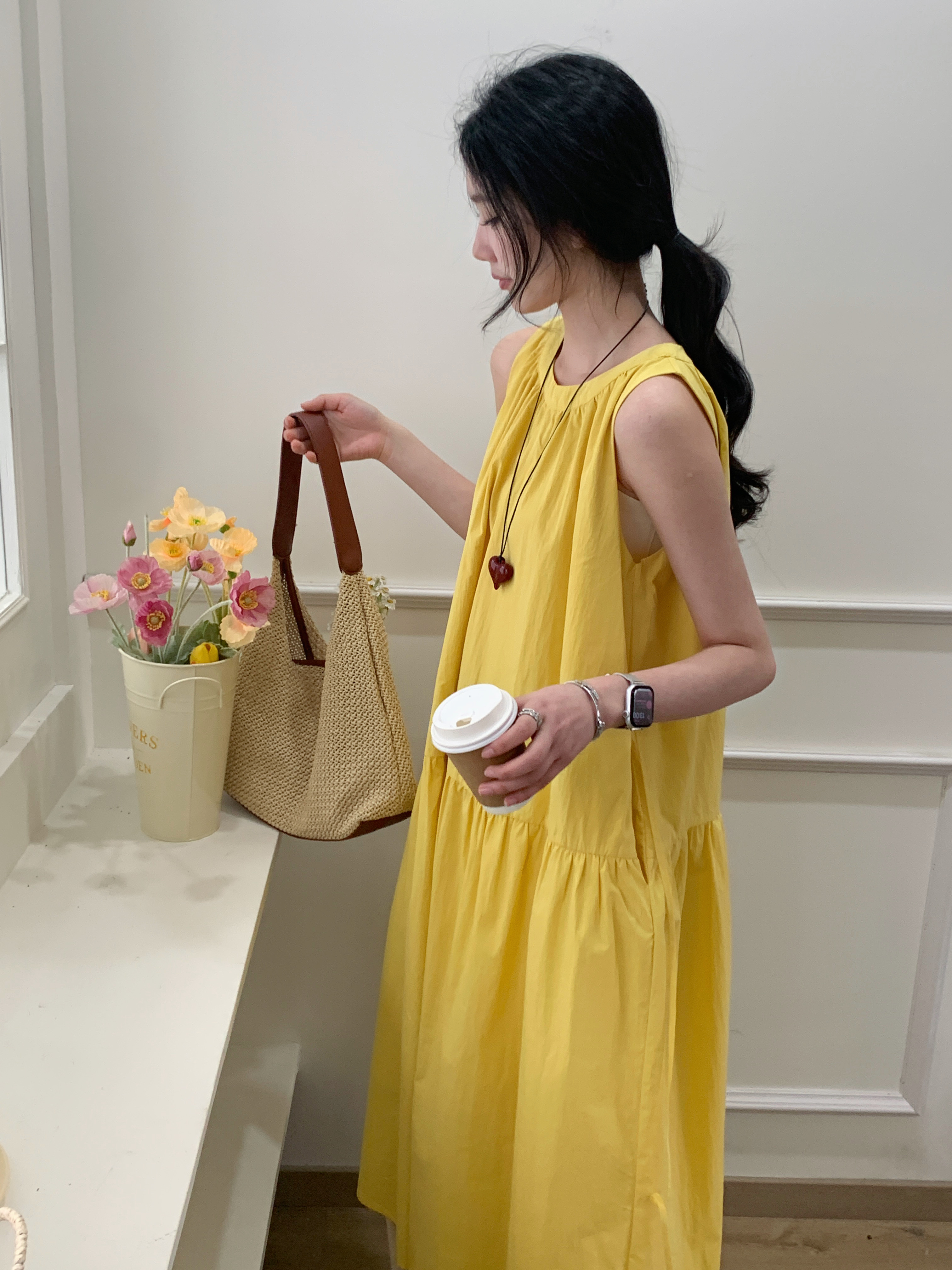 拉链夏季通勤气质无袖夏天连衣裙纯色休闲宽松裙子韩版长裙