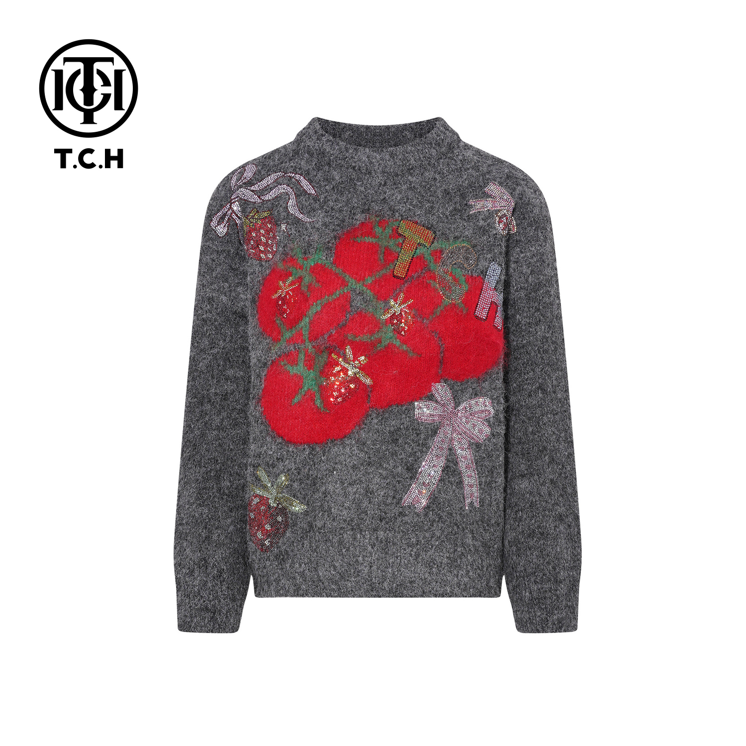 TCH-时尚潮牌樱桃字母减龄精致深灰色针织衫T75D09E1222