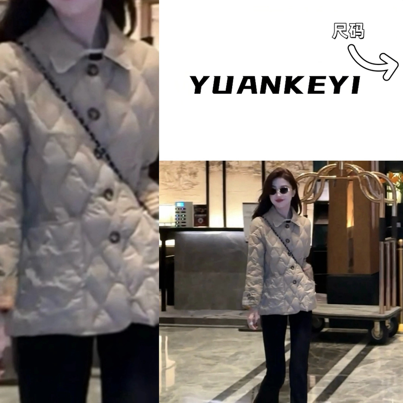 YUANKEYI  轻柔无胆纺绒经典格纹翻领保暖羽绒服鹅绒服