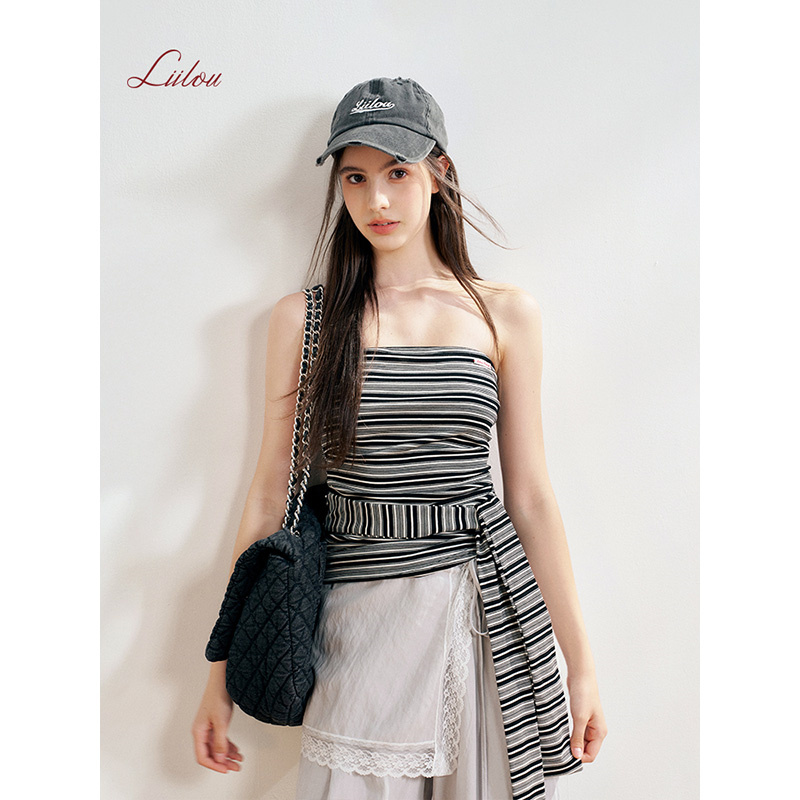 【雪宝专享】Liilou 25ss 莱赛尔绑带黑灰条纹撞色防滑抹胸修身上衣