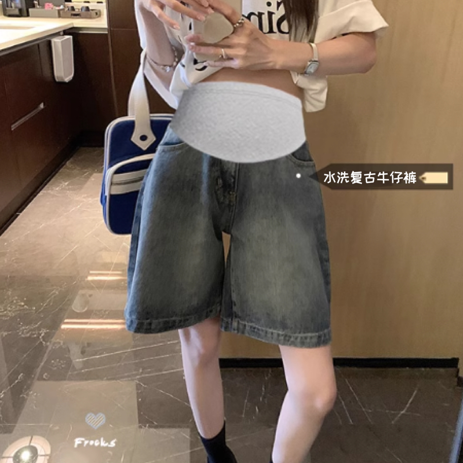 复古孕妇牛仔裤女五分裤夏季托腹短裤宽松百搭短裤显瘦中裤阔腿裤