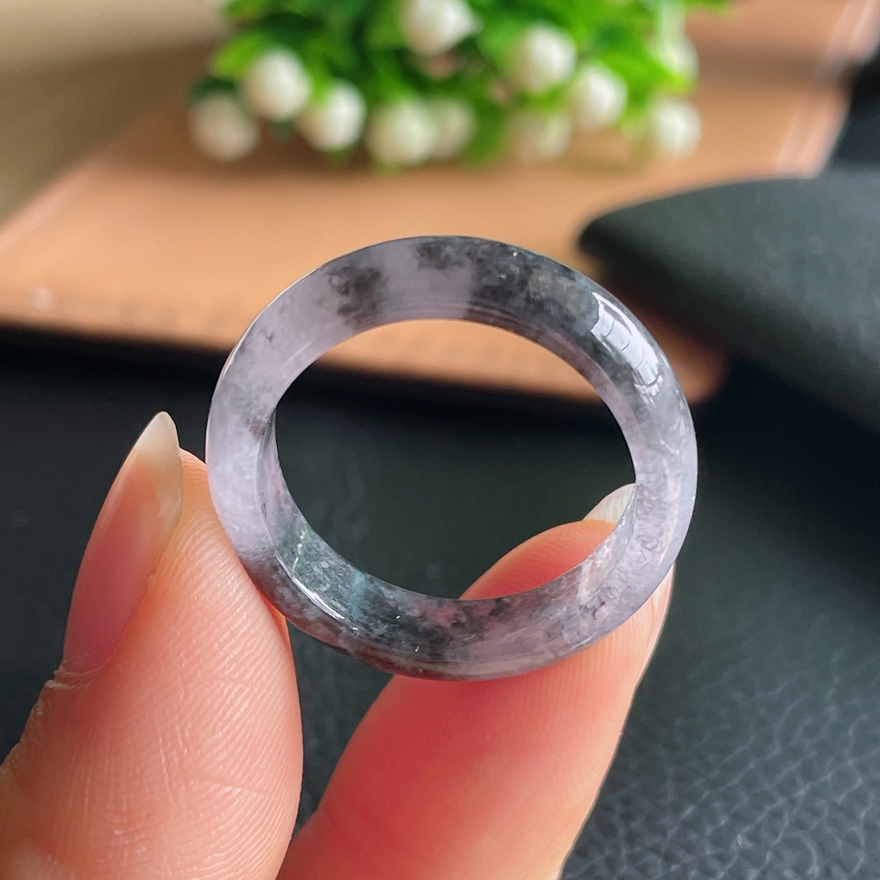 23号圈口天然A货紫罗兰翡翠戒指缅甸冰种老坑飘乌鸡玉指环男女款