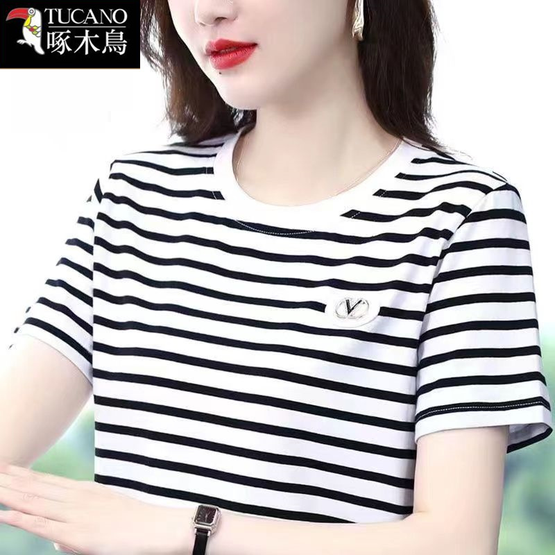 啄木鸟黑白条纹内搭打底衫t恤女夏季2025年新款宽松圆领短袖上衣
