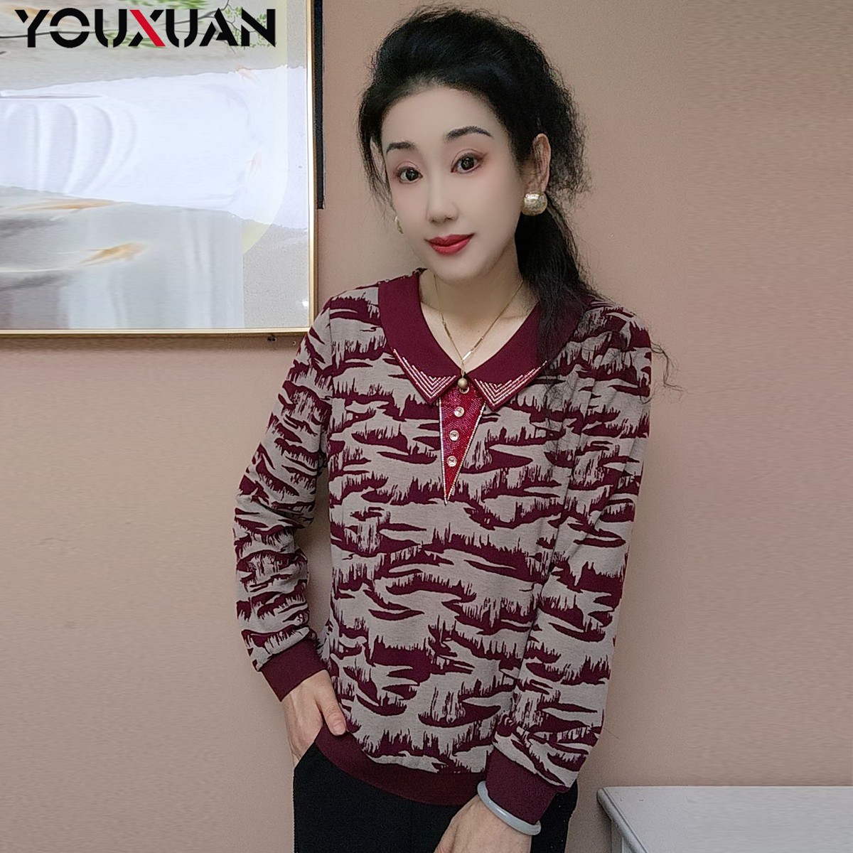 秋冬新款百搭韩版潮流时尚打底宽松长袖翻领休闲女士上衣85853