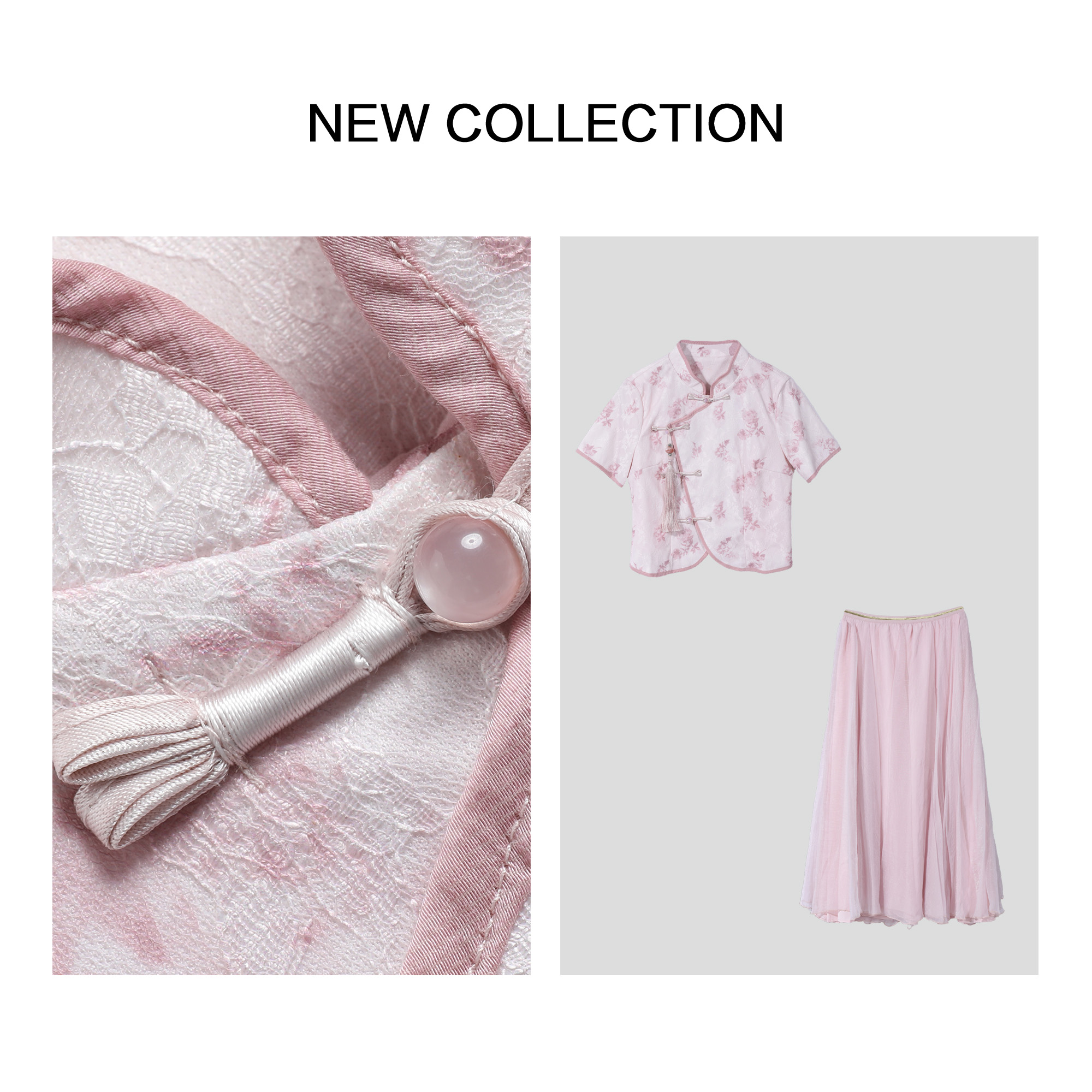 【小依专享】D1F27029 夏季花卉印花上衣+裙子 优雅粉色套装-7029