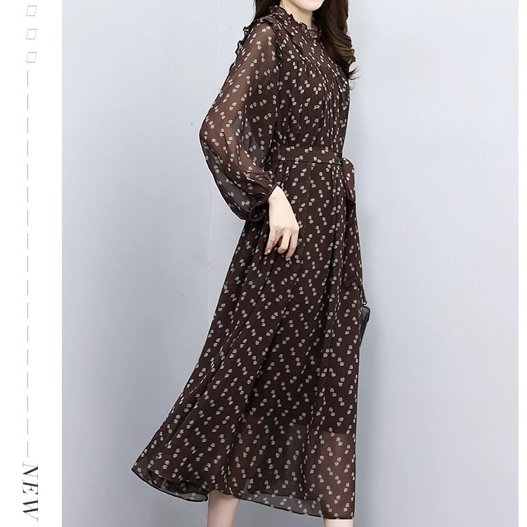 气质收腰显瘦中长款优雅新款长袖连衣裙C63026