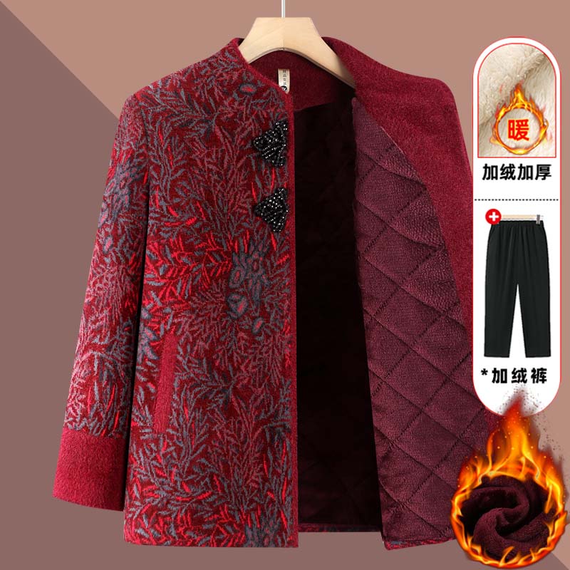 中老年女装秋冬外套奶奶冬装加绒喜庆外套妈妈装老人毛呢貂绒外套