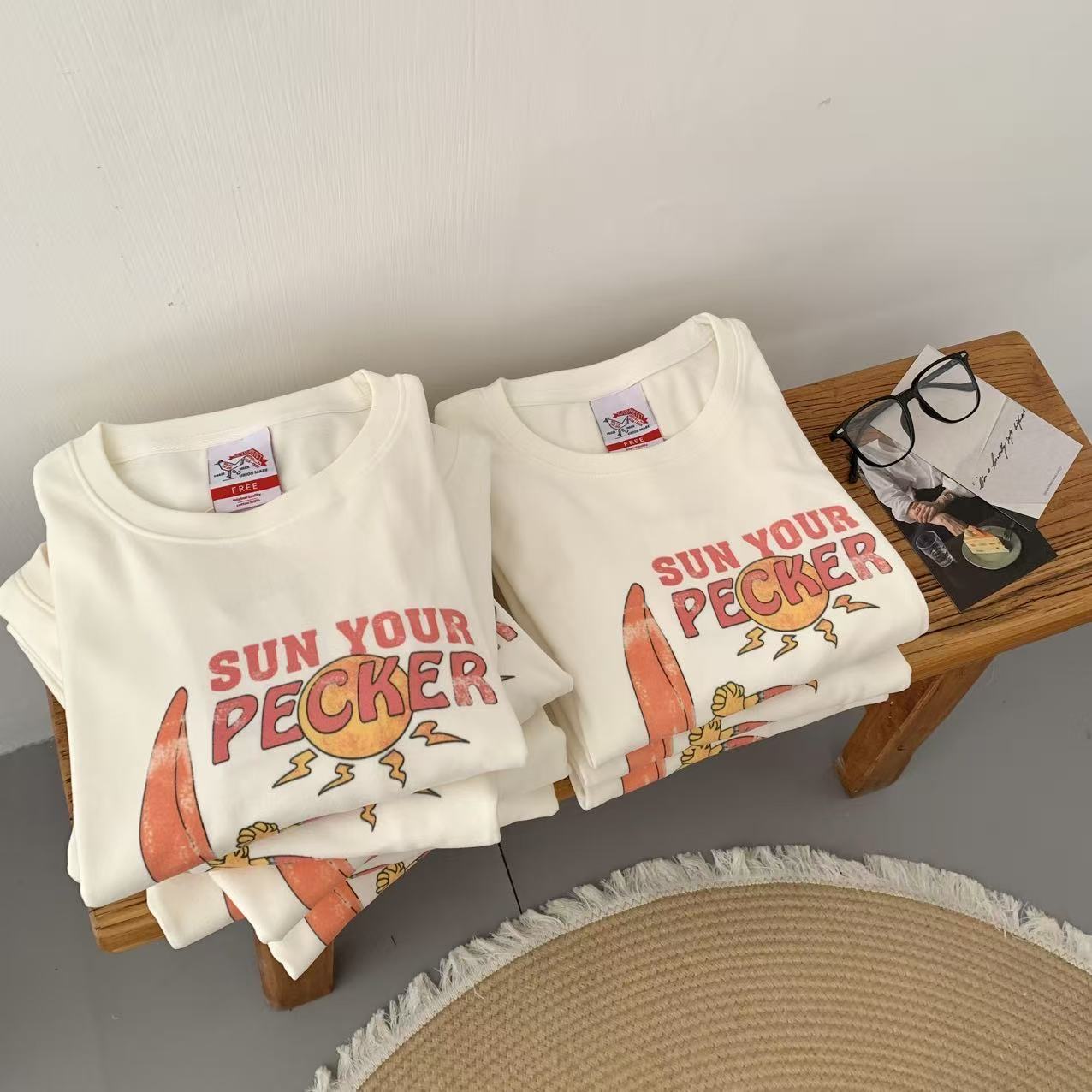 韩国公鸡家重工印花打底衫女冬季宽松百搭小众纯棉上衣（111-N）