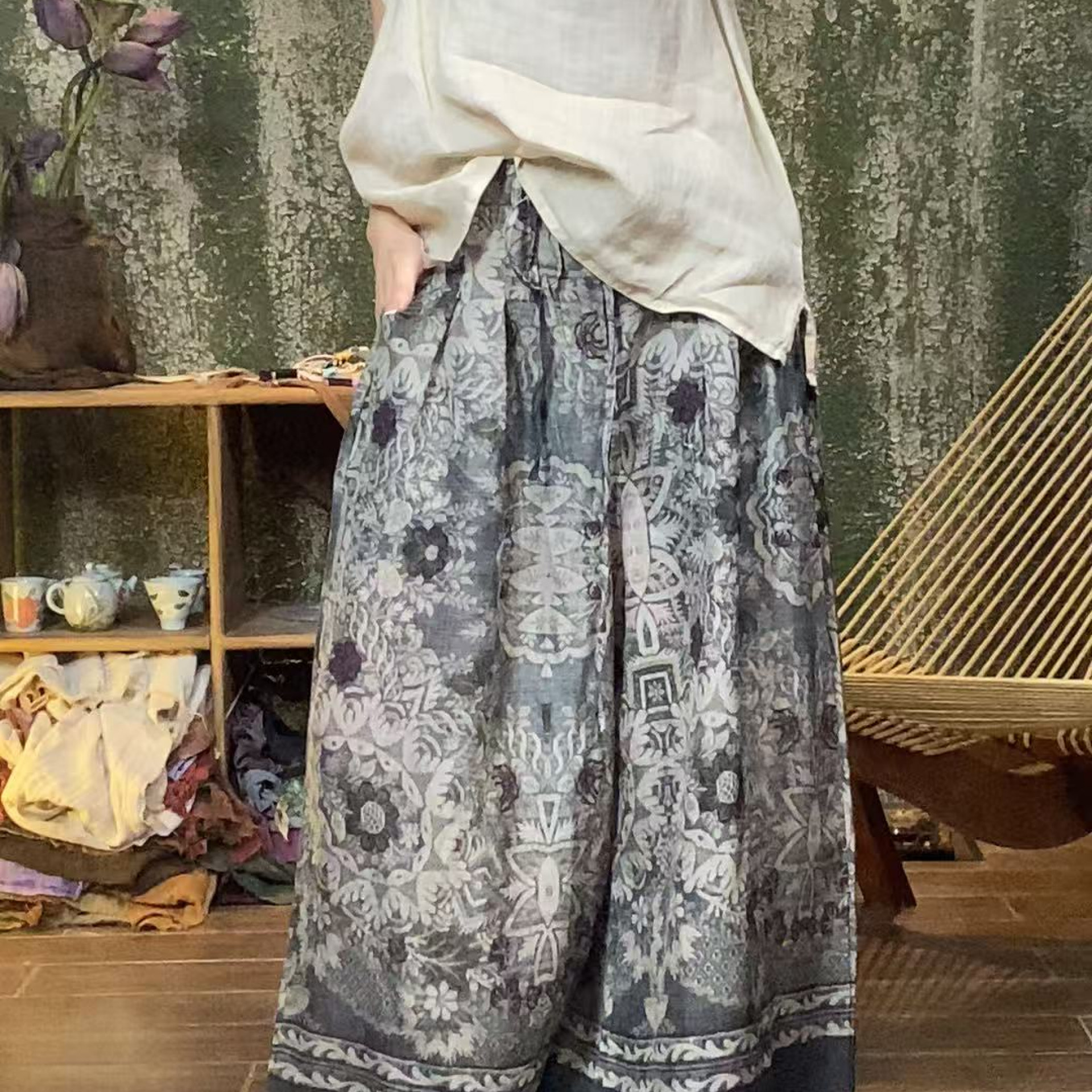MX922苎麻裤长95夏季休闲裤印花提花透气国风时尚花纹直筒裤