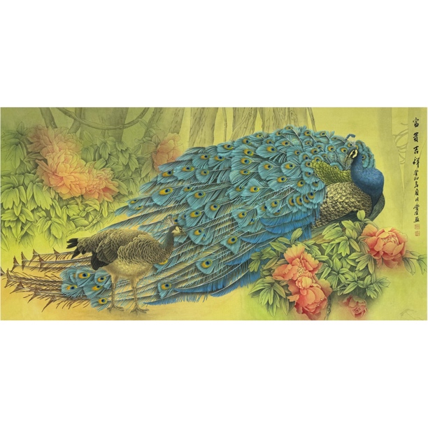 【墨漓书画】李庆友 四尺140*70cm 工笔孔雀图