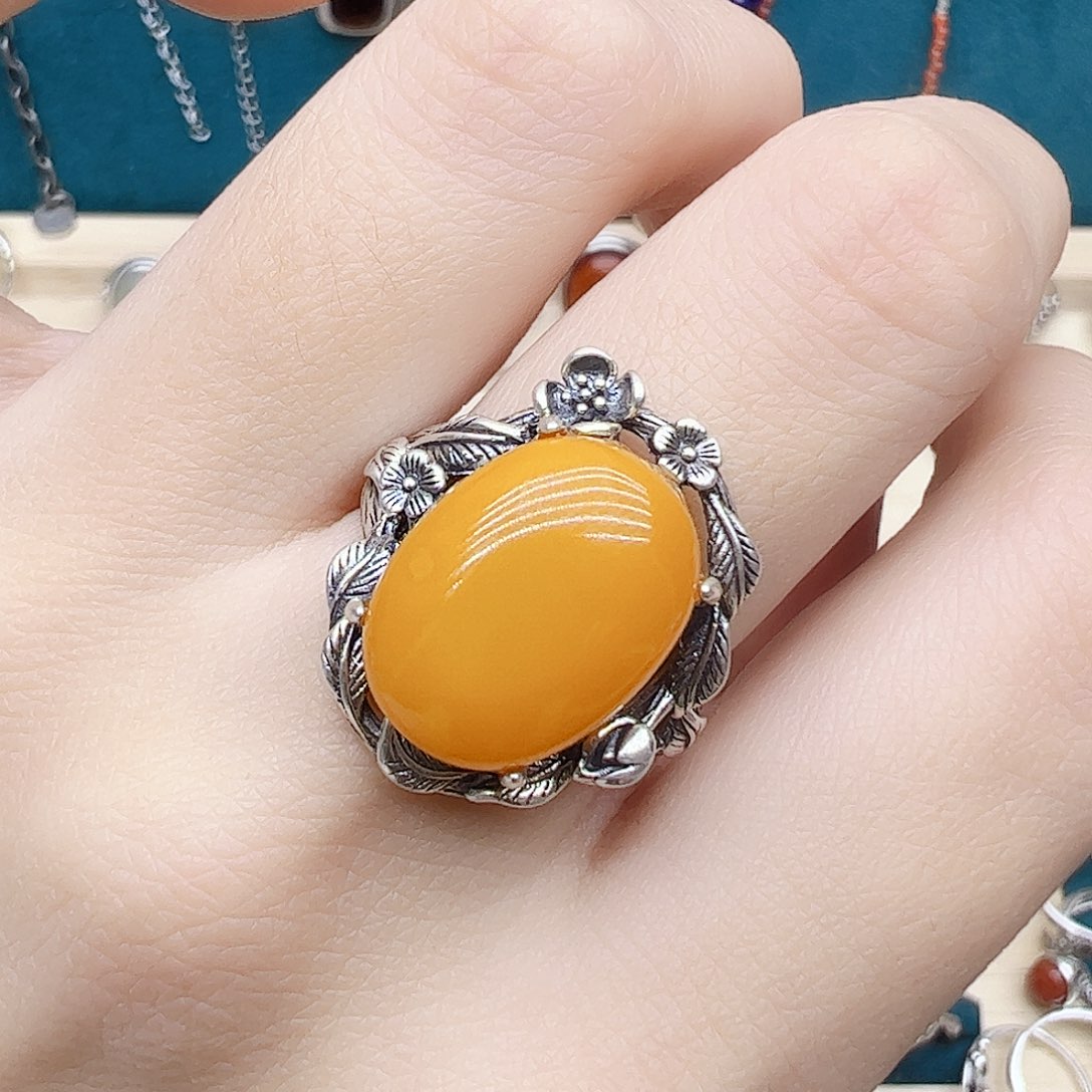 蜜蜡戒指银S925镶嵌天然