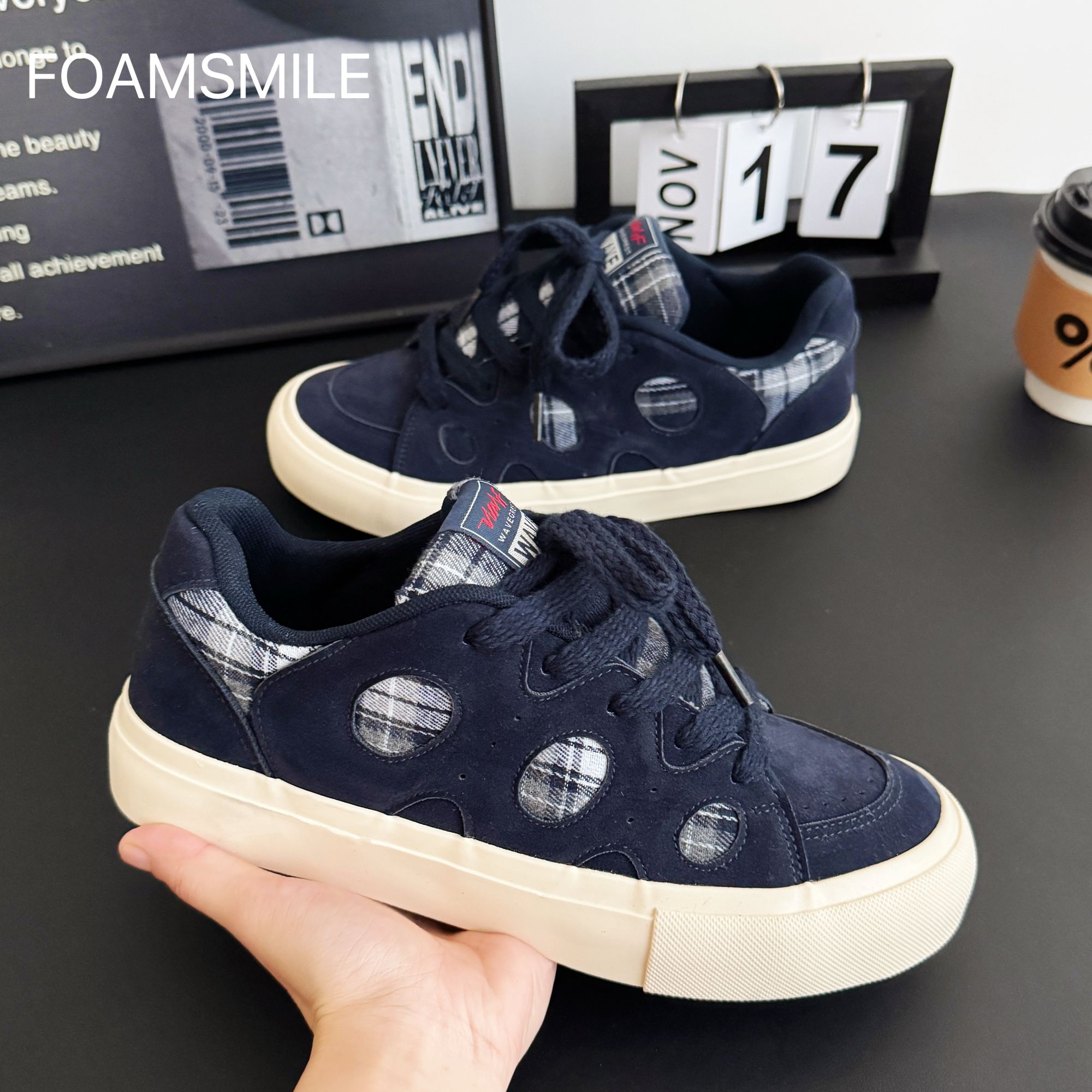Foamsmile| 学院风学生格子蓝出街文艺版秋冬滑板鞋潮流百搭男鞋