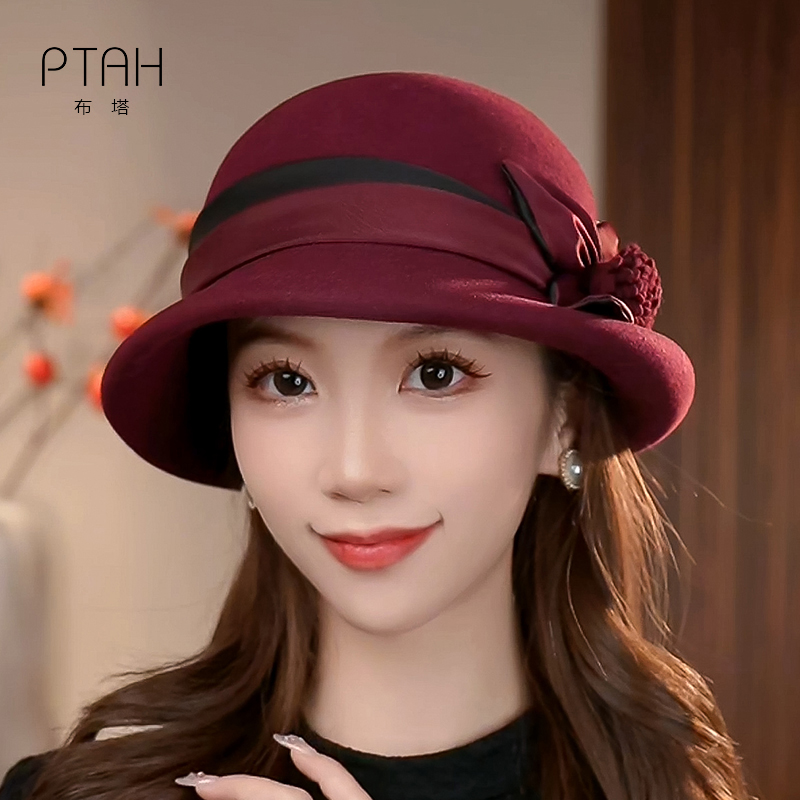 布塔秋冬帽子女羊毛礼帽定型帽气质优雅羊毛呢圆顶英伦复古洋气