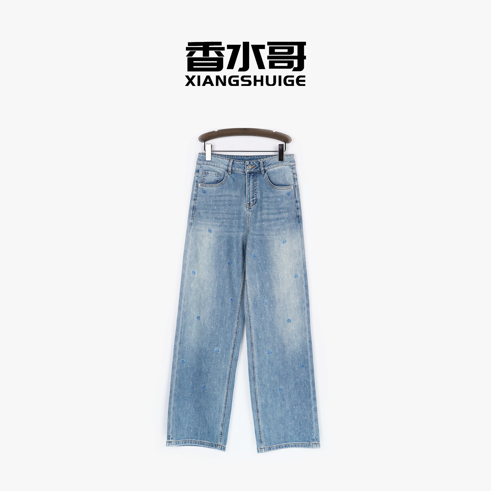 休闲百搭牛仔裤2025春季新品女玫瑰花烫钻直筒裤显瘦牛仔裤