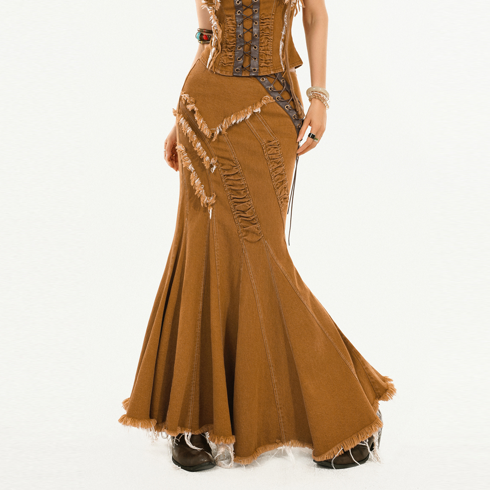 NICO MOLLY【原创现货】时髦修身牛仔半身裙毛边鱼尾长裙NK157