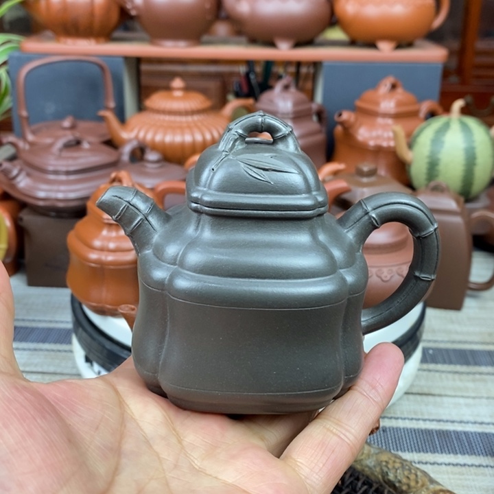 紫砂茶壶竹鼎200cc原矿老天青紫砂