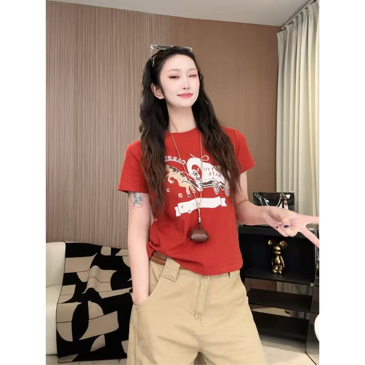 ANGEL HUE-春夏「策马奔腾」个性显瘦减龄舒适软糯休短袖T恤10186