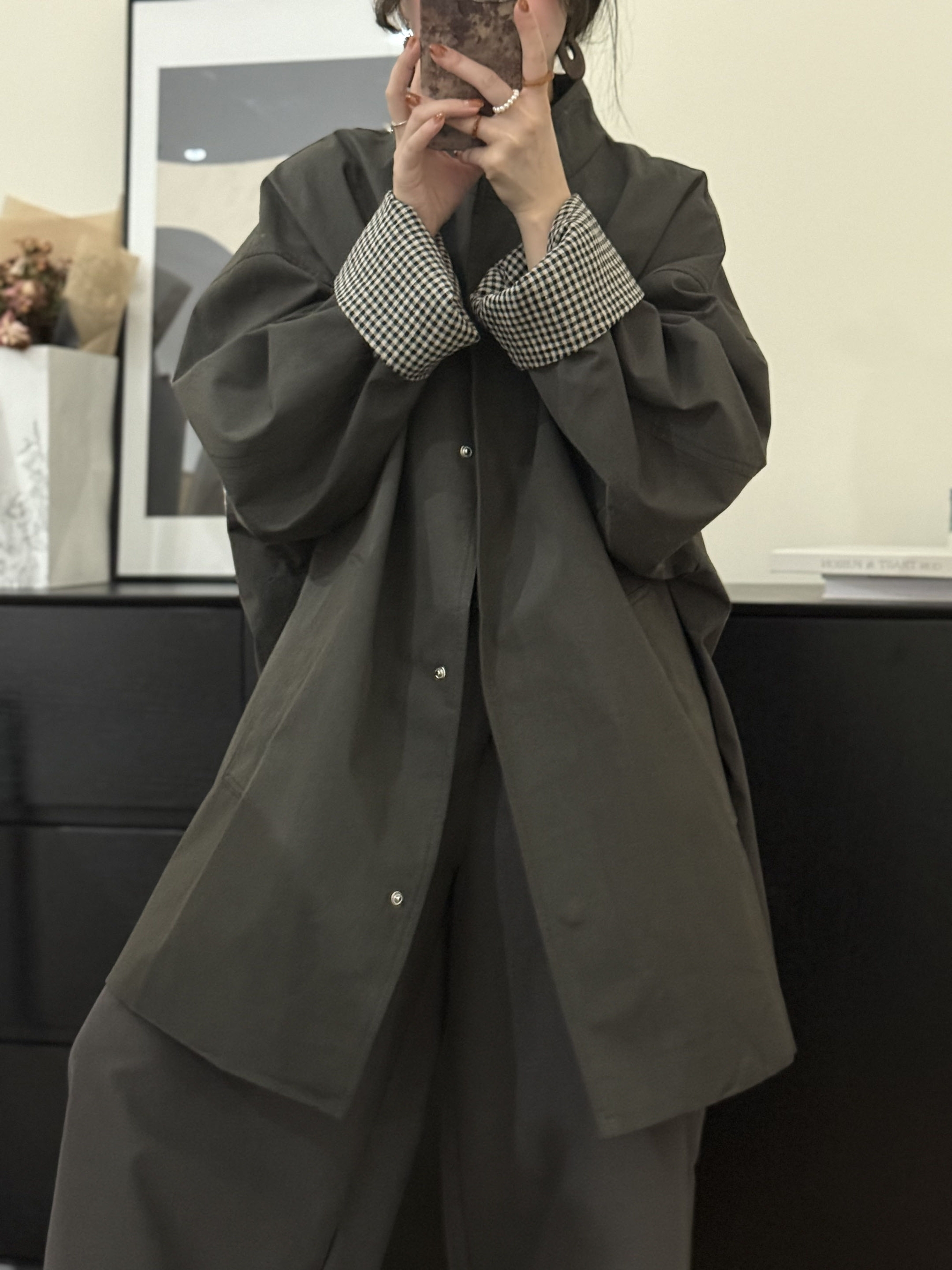 【珍珍何A】6072韩系极简立领宽松休闲中长款风衣