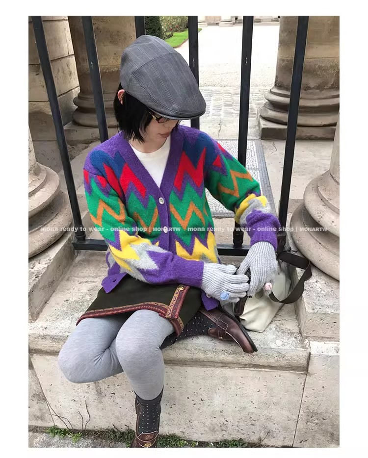MONA 20羊毛 复古撞色设计毛衣开衫上衣外套女小个子 冬季新款