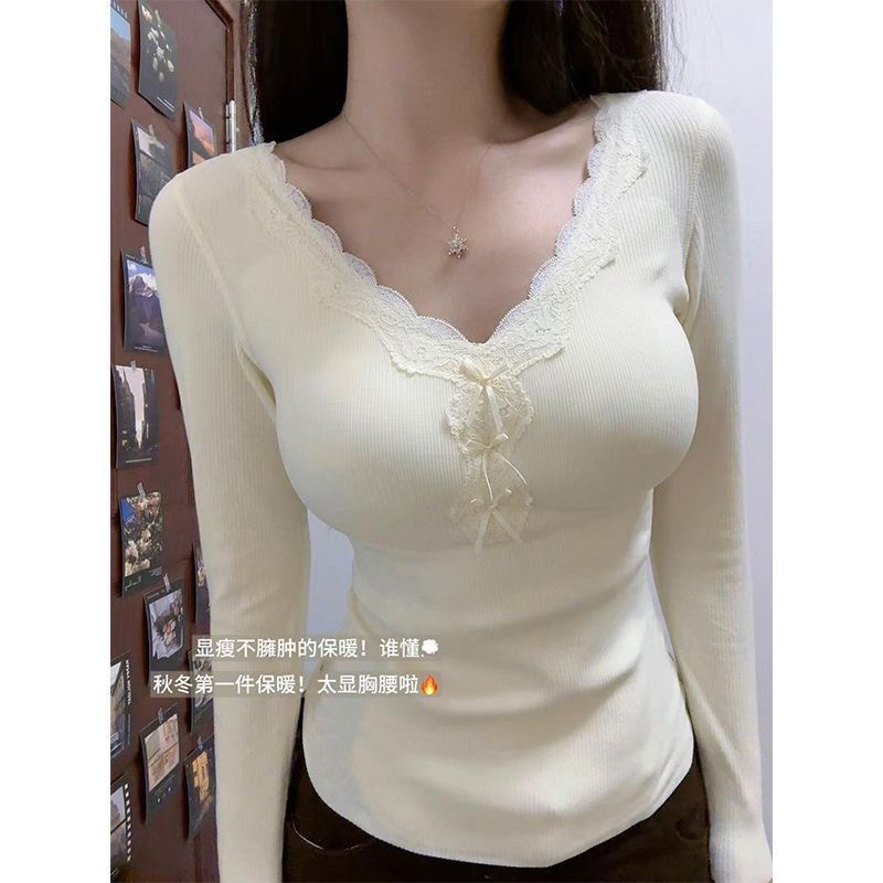 蕾丝V领德绒打底衫女秋冬新款内搭小衫修身显瘦磨毛上衣保暖T恤