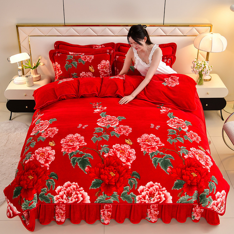 加厚保暖8-9斤牛奶绒四件套双面绒被套荷叶边床裙加绒床单不掉毛