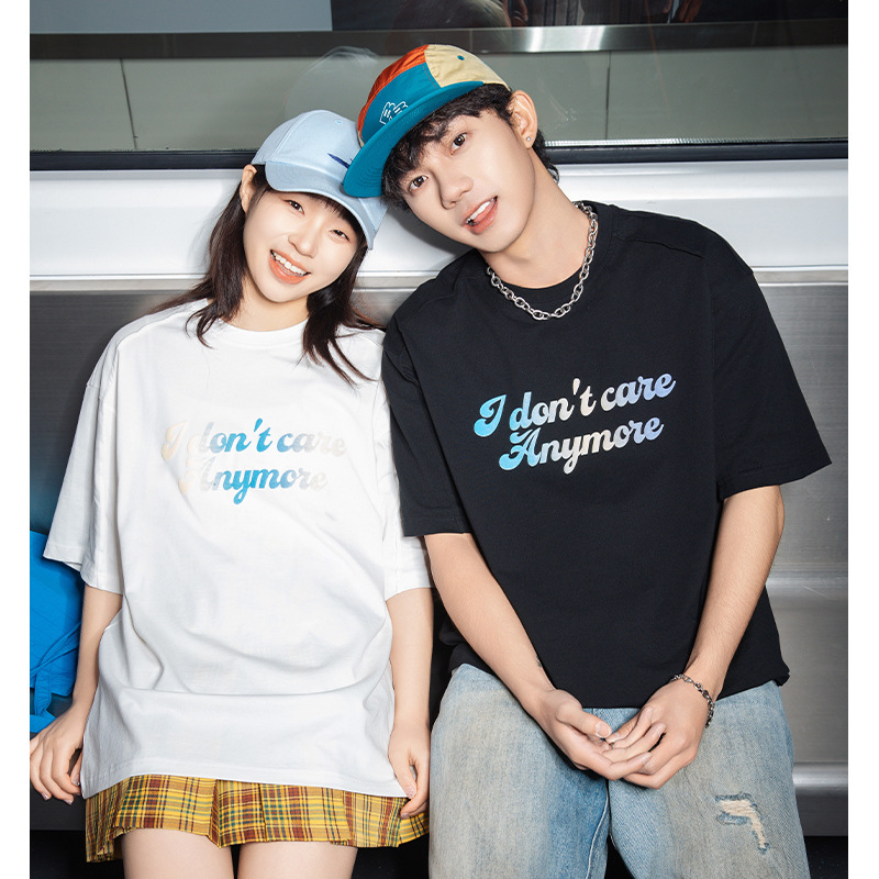 ZG 渐变字母印花纯棉短袖T恤男夏款活页打褶设计情侣宽松半袖体恤