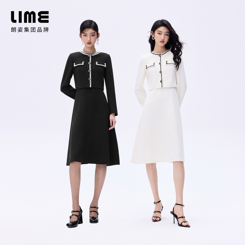 朗姿/莱茵【时光律动】简约撞色假两件花呢连衣裙双色LDHADBCOP803