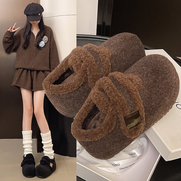 秋冬配裙子保暖加绒蝴蝶结厚底内增高毛毛玛丽珍棉鞋女