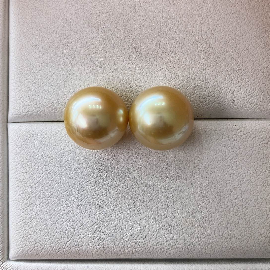 海水珍珠耳饰18K金镶嵌南洋金珠12-13m m