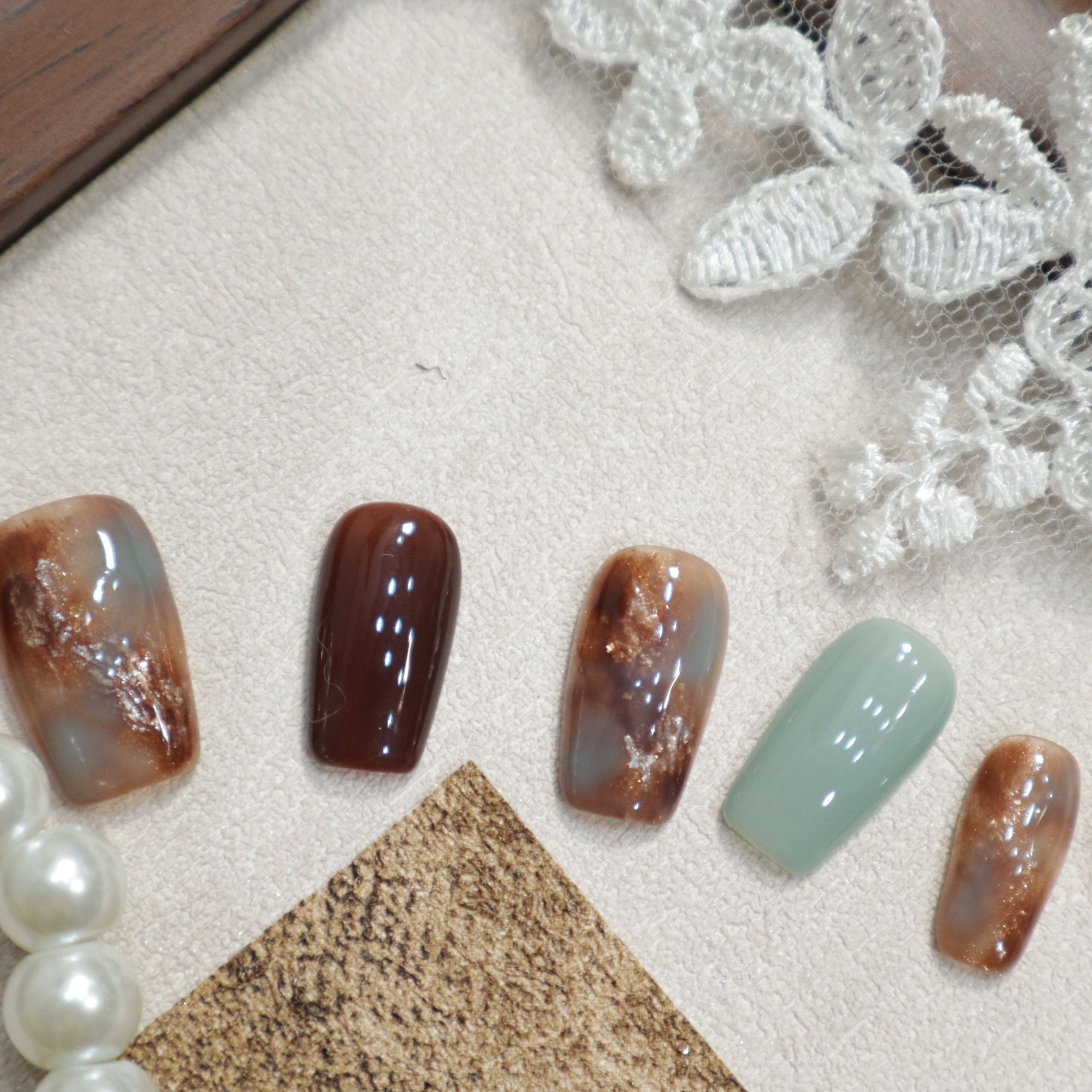 012染青纯手工穿戴甲新款板栗色美甲甲片高级感美甲片棕色贴片