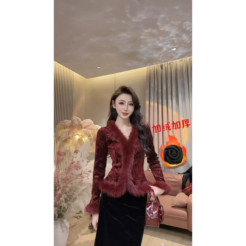 【美美专享】550303秋冬新款复古风毛毛边加绒修身显瘦上衣女