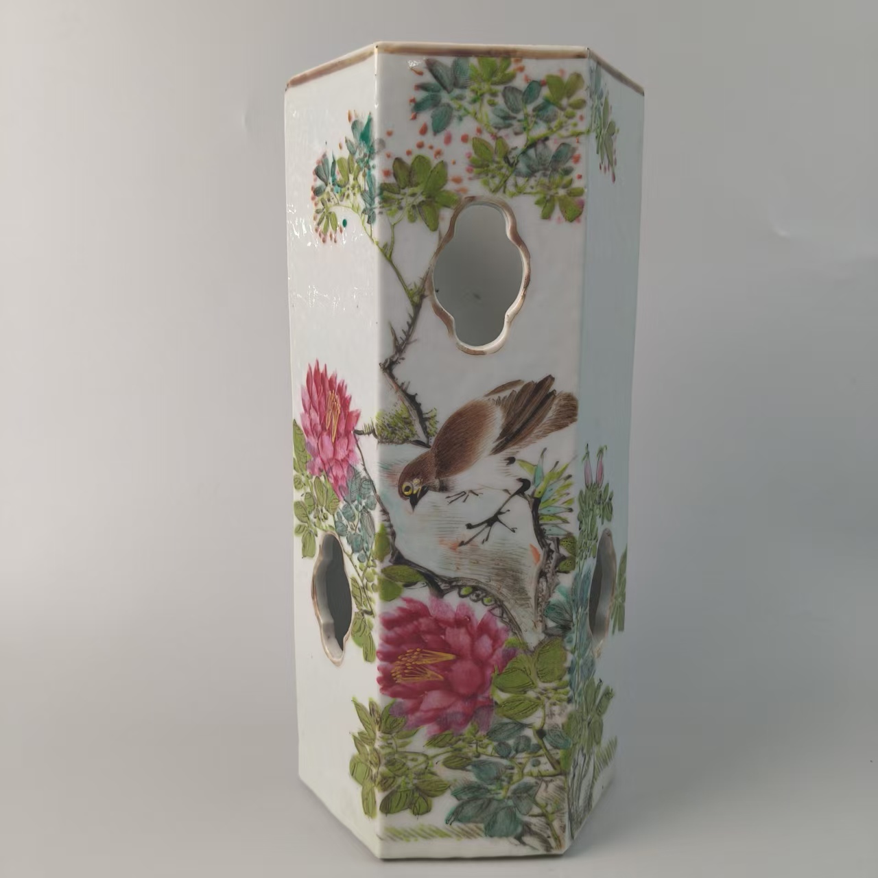 6660224-民国-江永源六方花鸟元宝孔帽筒