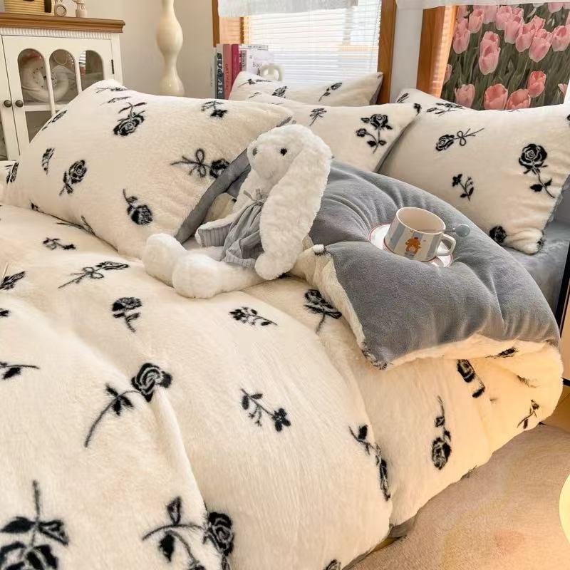 【黑色玫瑰四件套】加厚兔毛四件套北欧风a类床上套件200*230