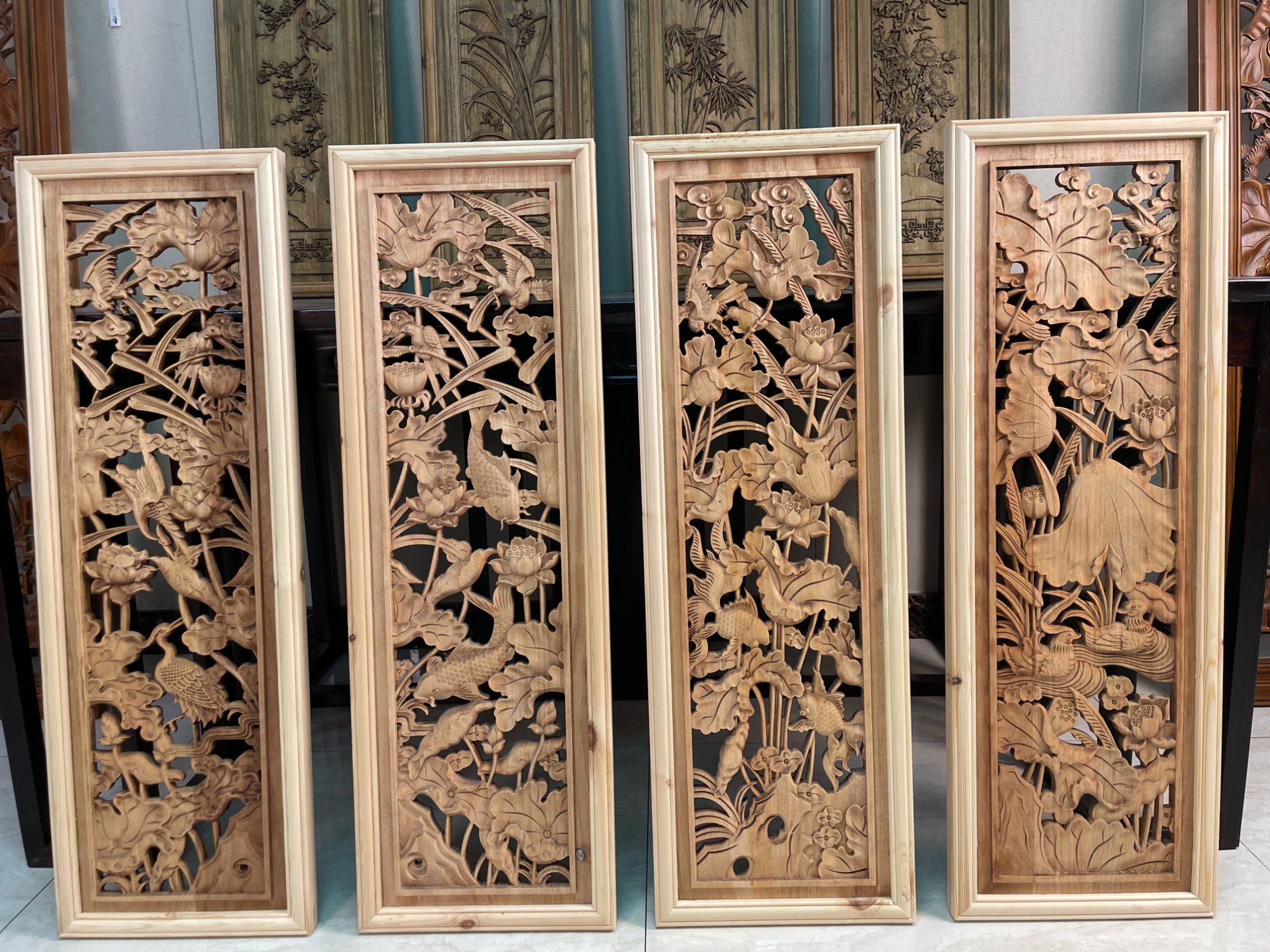 木雕香樟木客厅挂画挂屏中式客厅实木4件套荷花鲤鱼93X31
