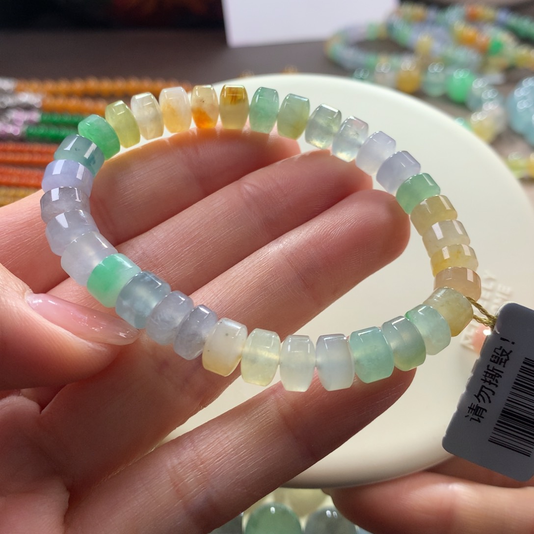 翡翠手链未镶嵌冰胶幻彩桶珠卡7-8