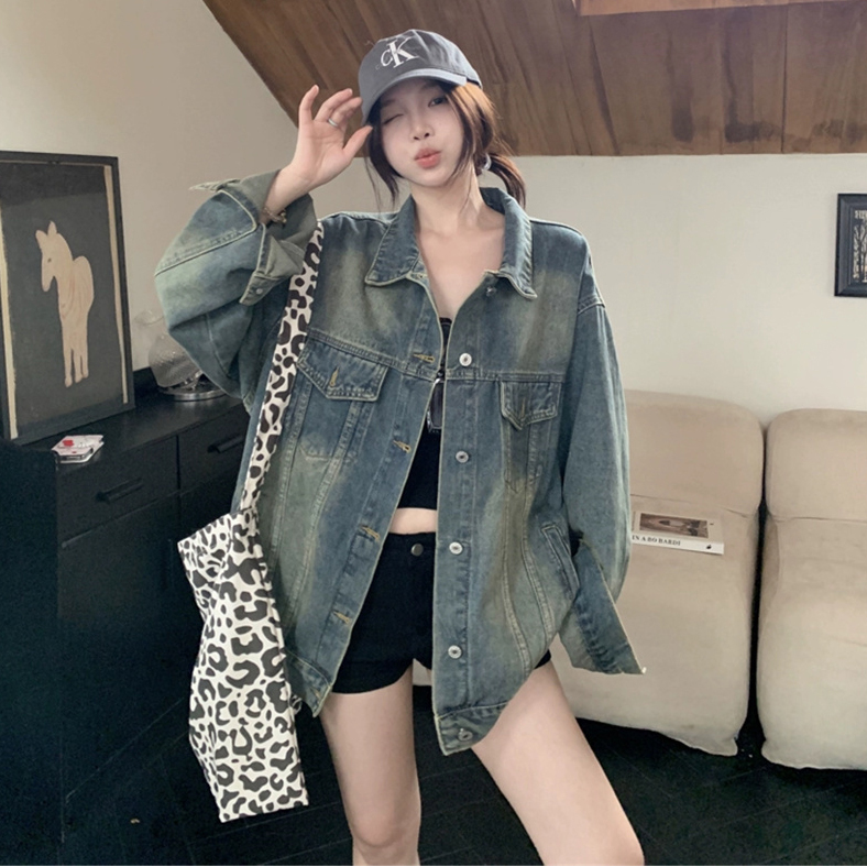 潮牌复古蓝做旧破洞牛仔外套女春秋季韩版设计感宽松休闲夹克上衣