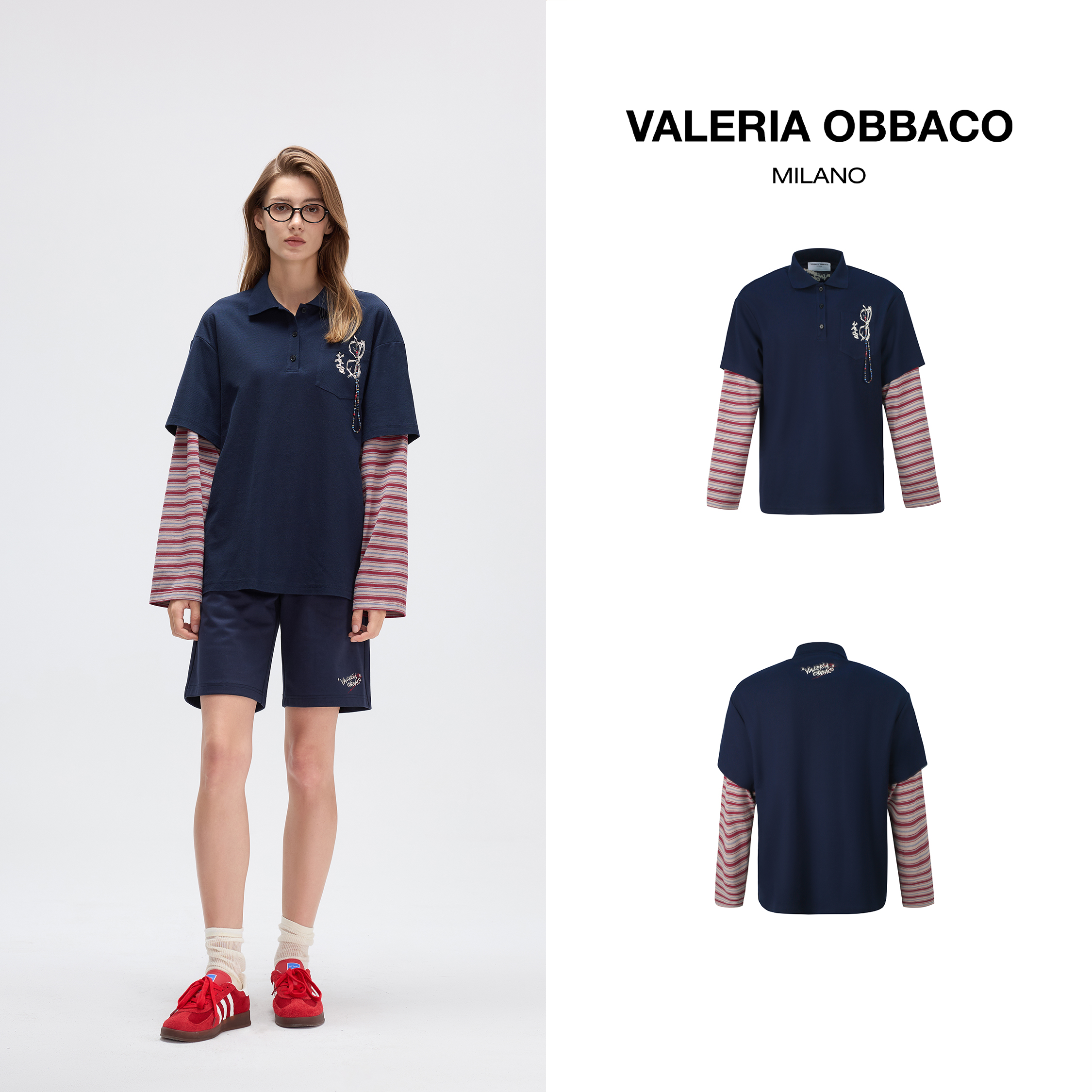 VALERIAOBBACO/瓦莱丽娅 奥贝科藏青色条纹撞色polo长袖T恤