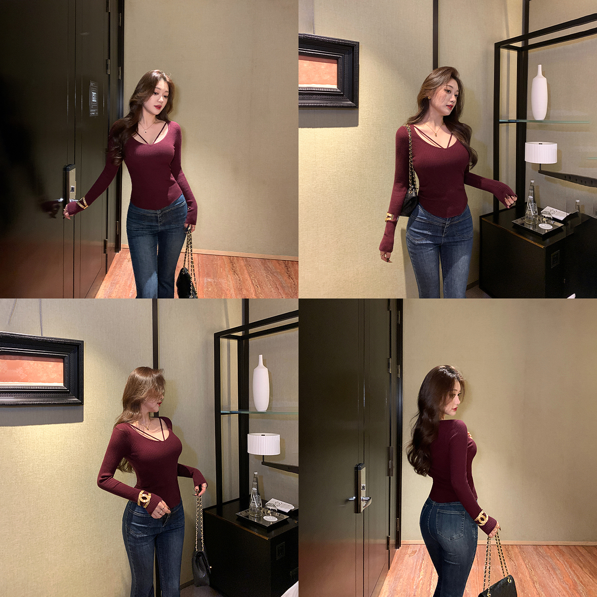 林关关【暖颂】U型领性感优雅女秋冬打底衫长袖纯欲设计感毛织上衣
