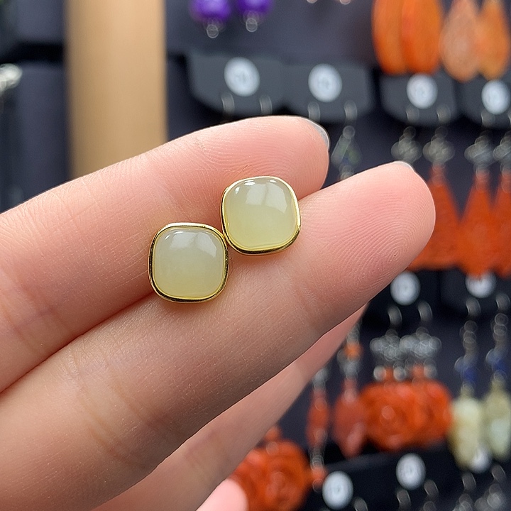 和田玉耳饰银S925镀金镶嵌