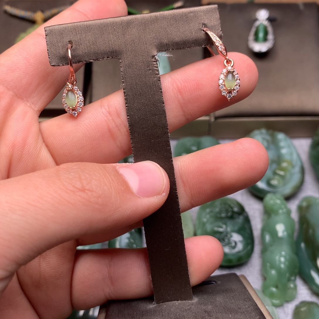 和田玉银S925镀金镶嵌耳饰