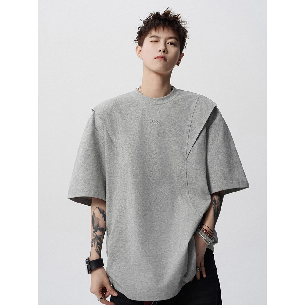 活页剪裁短袖T恤男夏美式高街解构圆领套头衫潮牌设计感宽松体恤