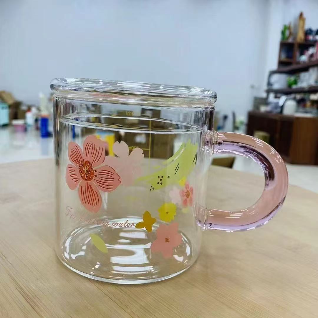 玻璃盖樱花蹲蹲水杯果汁杯单只