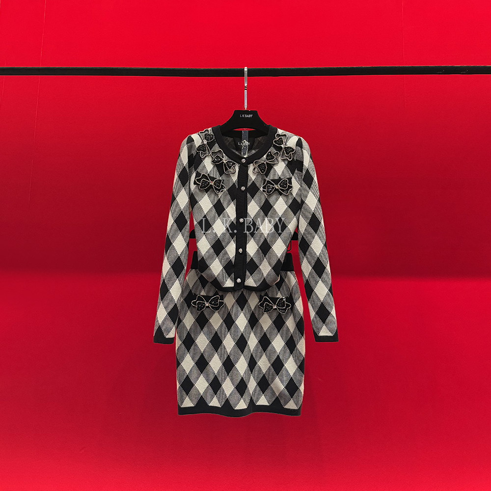【L.K.BABY】  法式优雅 伯爵千金菱格纹提花水晶蝴蝶结撞色套装裙