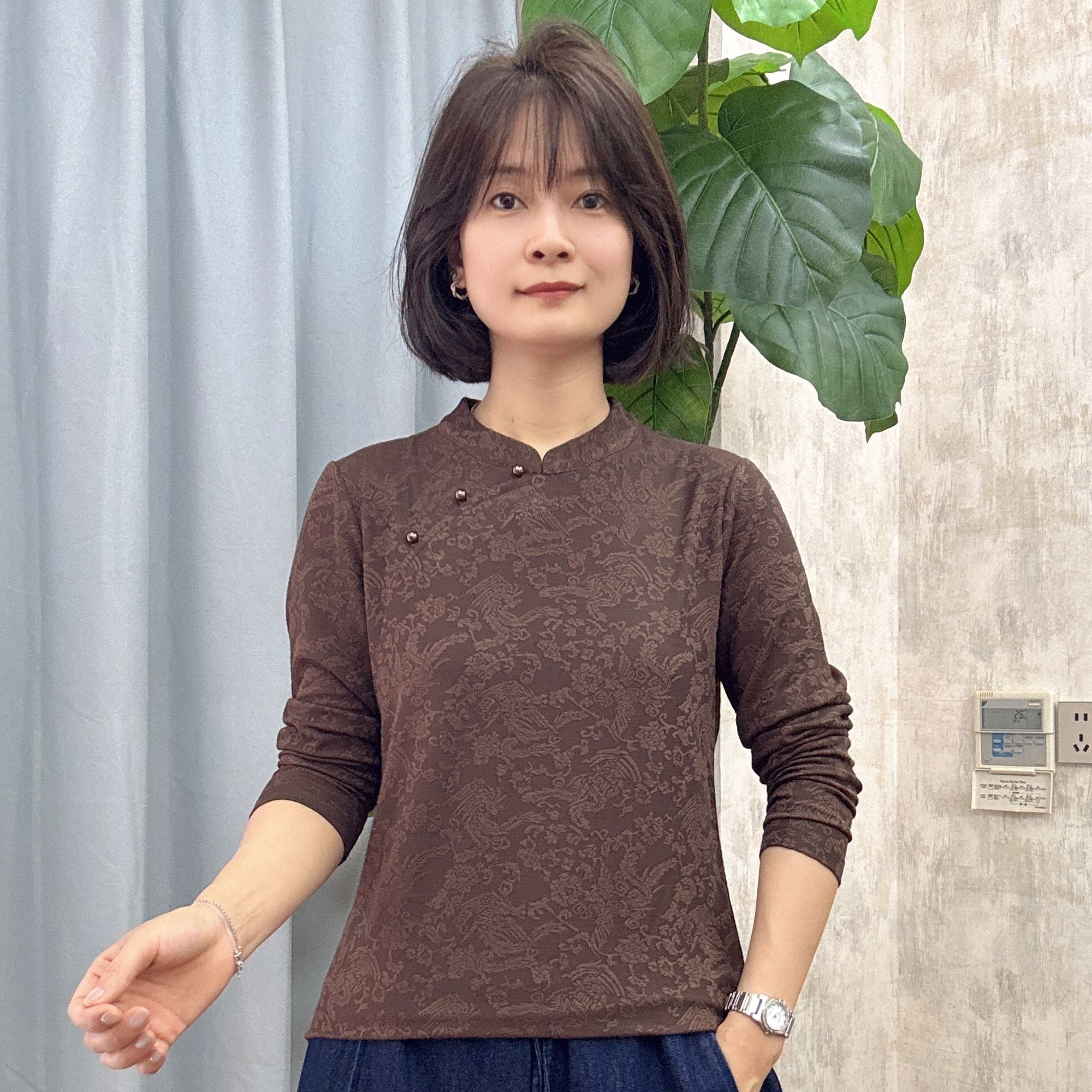 8890秋季针织提花中国风新中式T恤长袖小衫显瘦气质
