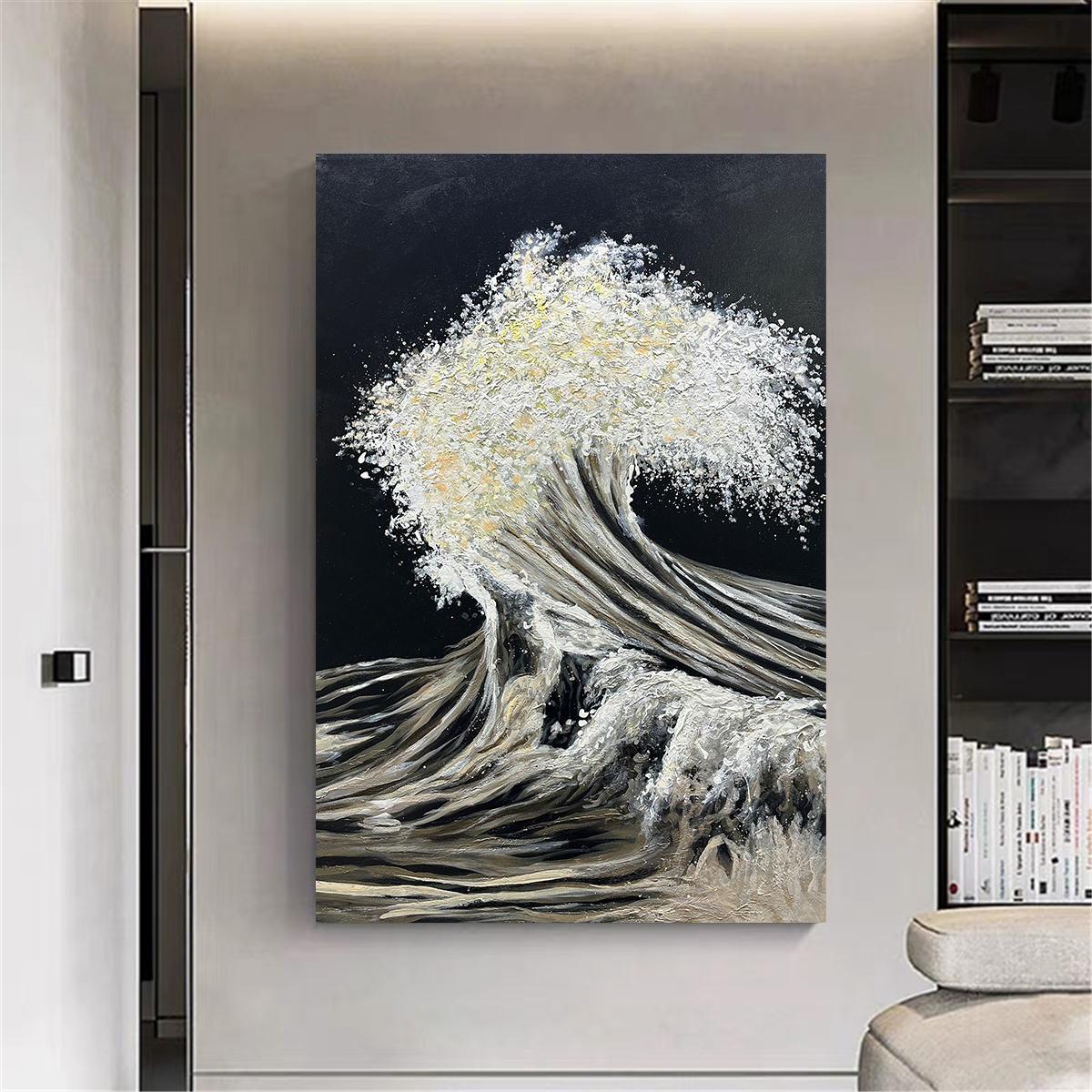 《风生水起》黑白灰客厅沙发背景竖版纯手绘油画玄关挂画抽象肌理画