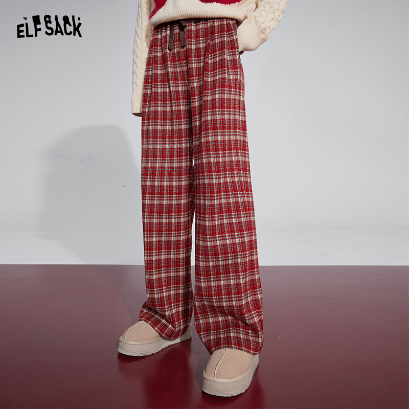 【诗语专属】妖精的口袋红色宽松格纹休闲裤女直筒显瘦拖地裤子25