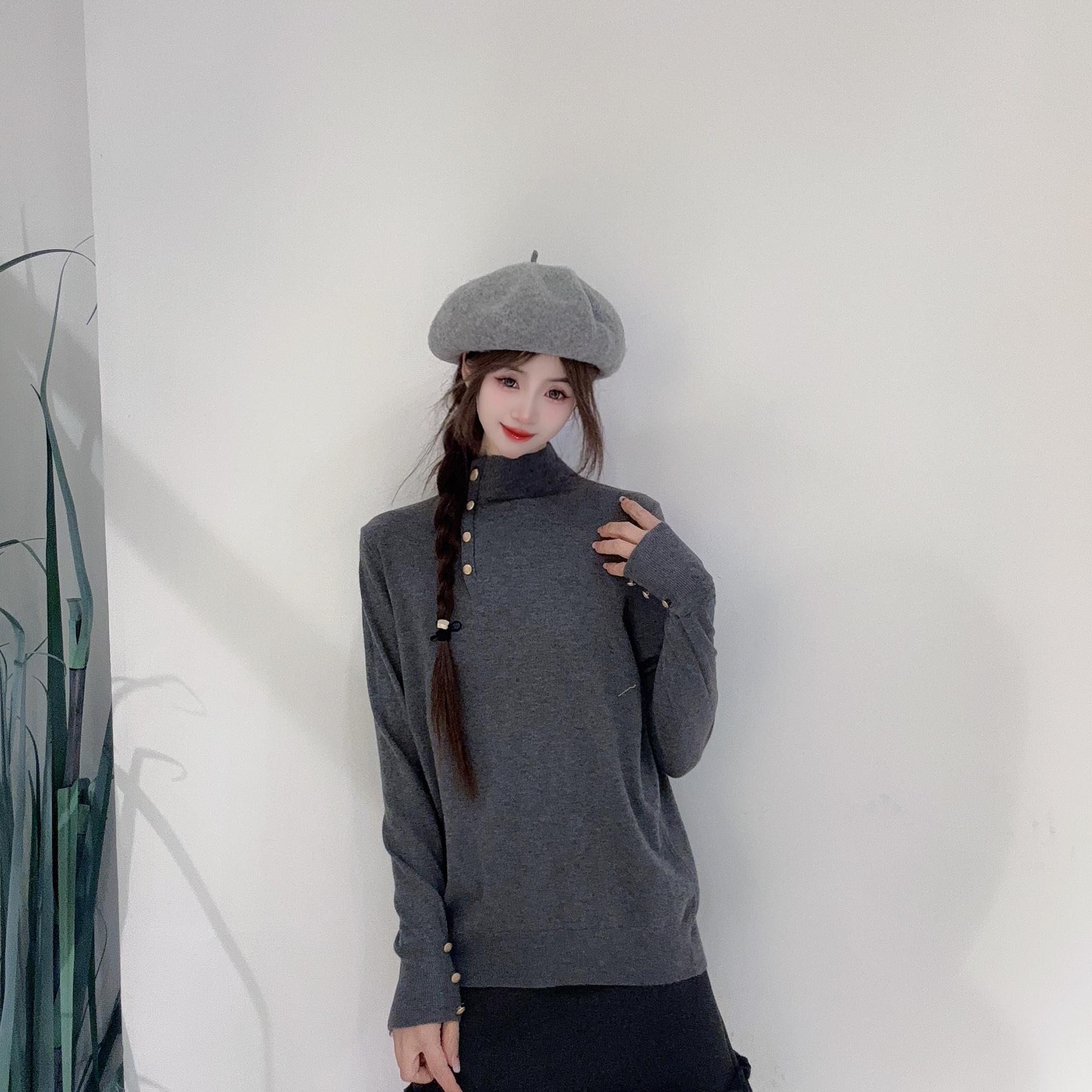 ED40321058高级轻奢黑色半高领针织衫百搭复古可外穿内搭打底毛衣