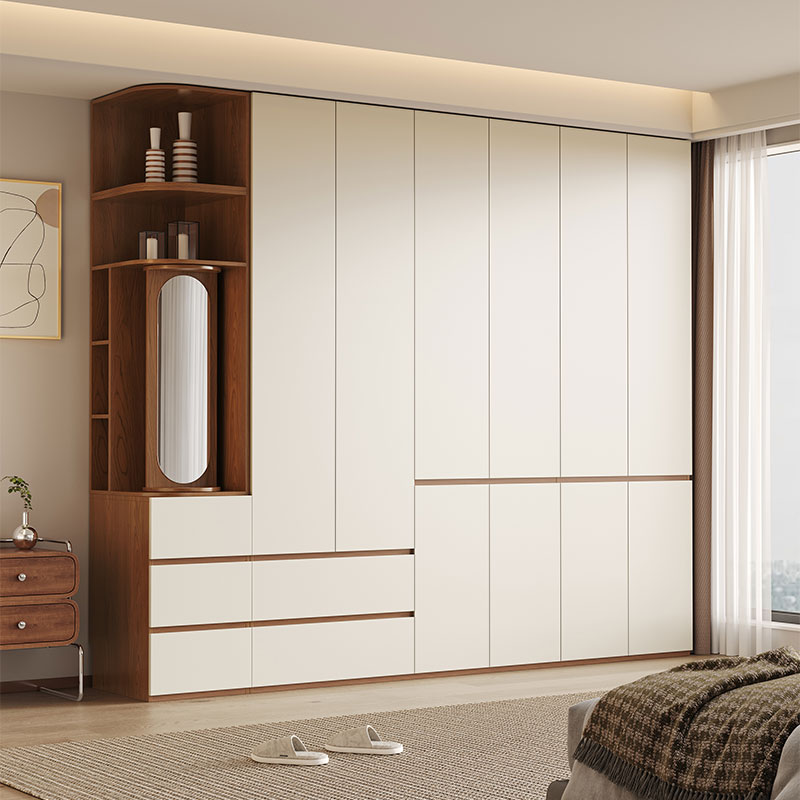 佛山实木衣柜家用卧室分段式一门到顶简约现代组合奶油风板式四门